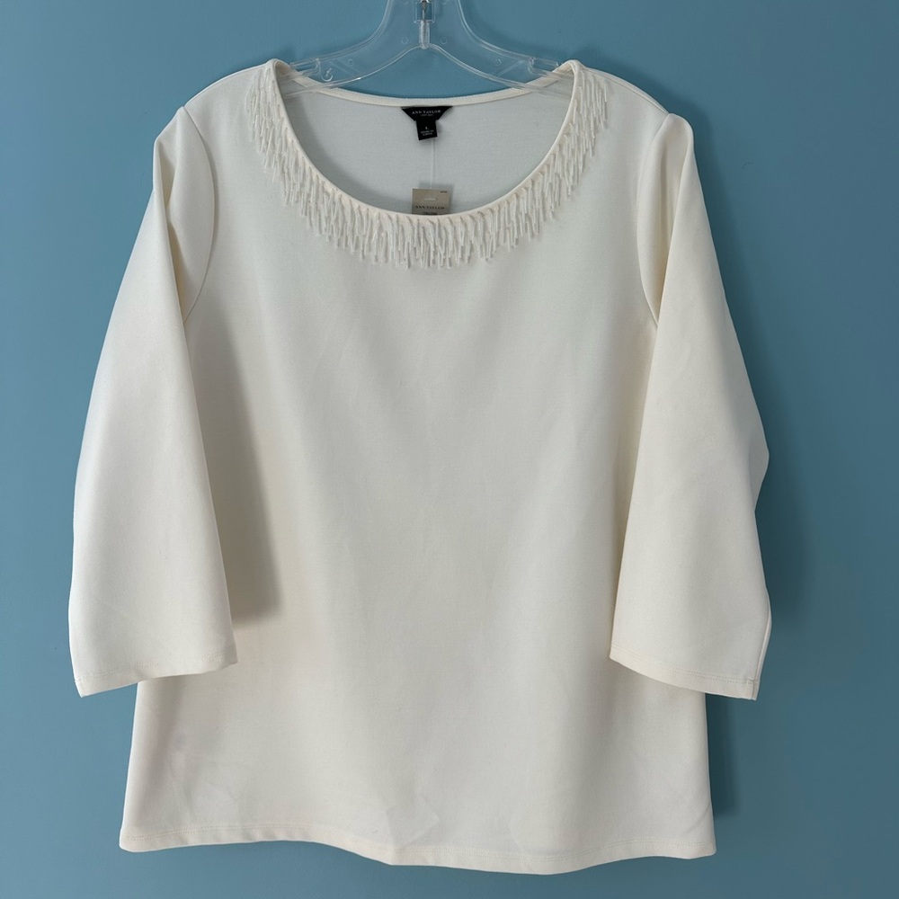NWT Ann Taylor Ivory Fringe Detail Blouse